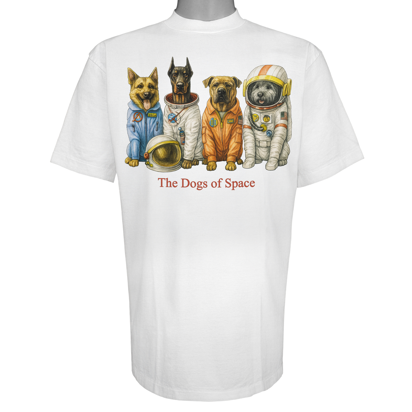 The Dogs of Space parody t-shirt inspired by aerospace culture, featuring original dog artwork on a Vintage White tee.
