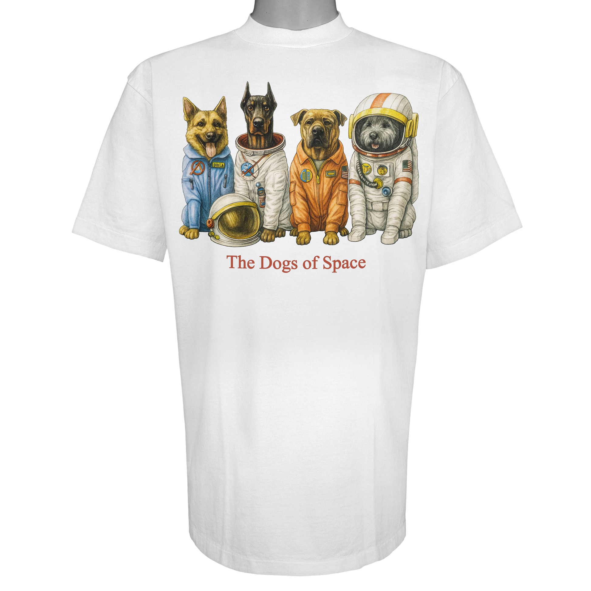 The Dogs of Space parody t-shirt inspired by aerospace culture, featuring original dog artwork on a Vintage White tee.