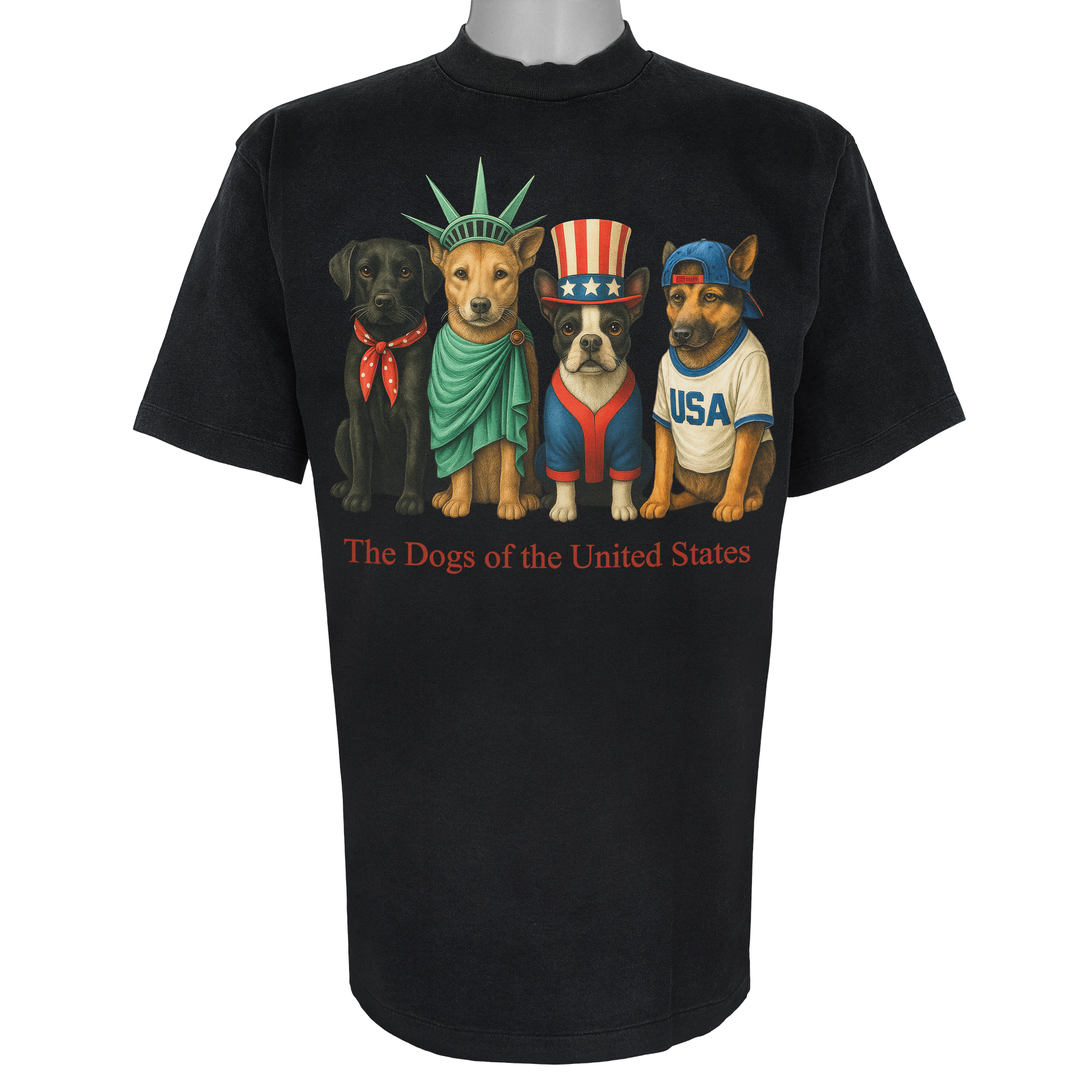 The Dogs of the United States parody t-shirt inspired by patriotic culture, featuring original dog artwork on a Vintage Black tee.
