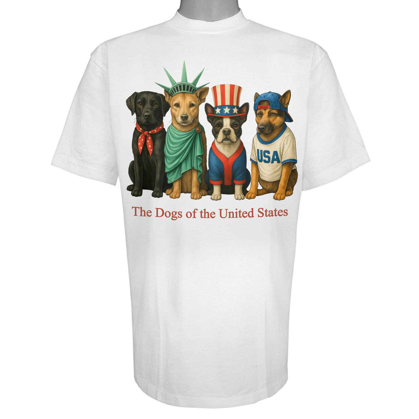 The Dogs of the United States parody t-shirt inspired by patriotic culture, featuring original dog artwork on a Vintage White tee.