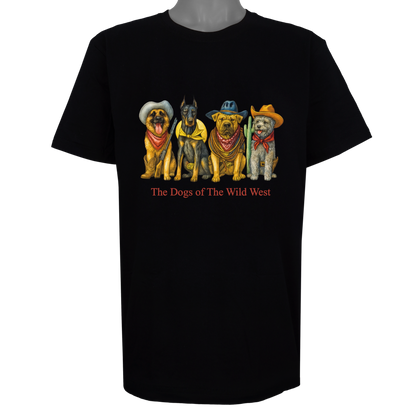 The Dogs of the Wild West parody t-shirt inspired by American frontier culture, featuring original dog artwork on a Basic Black tee.