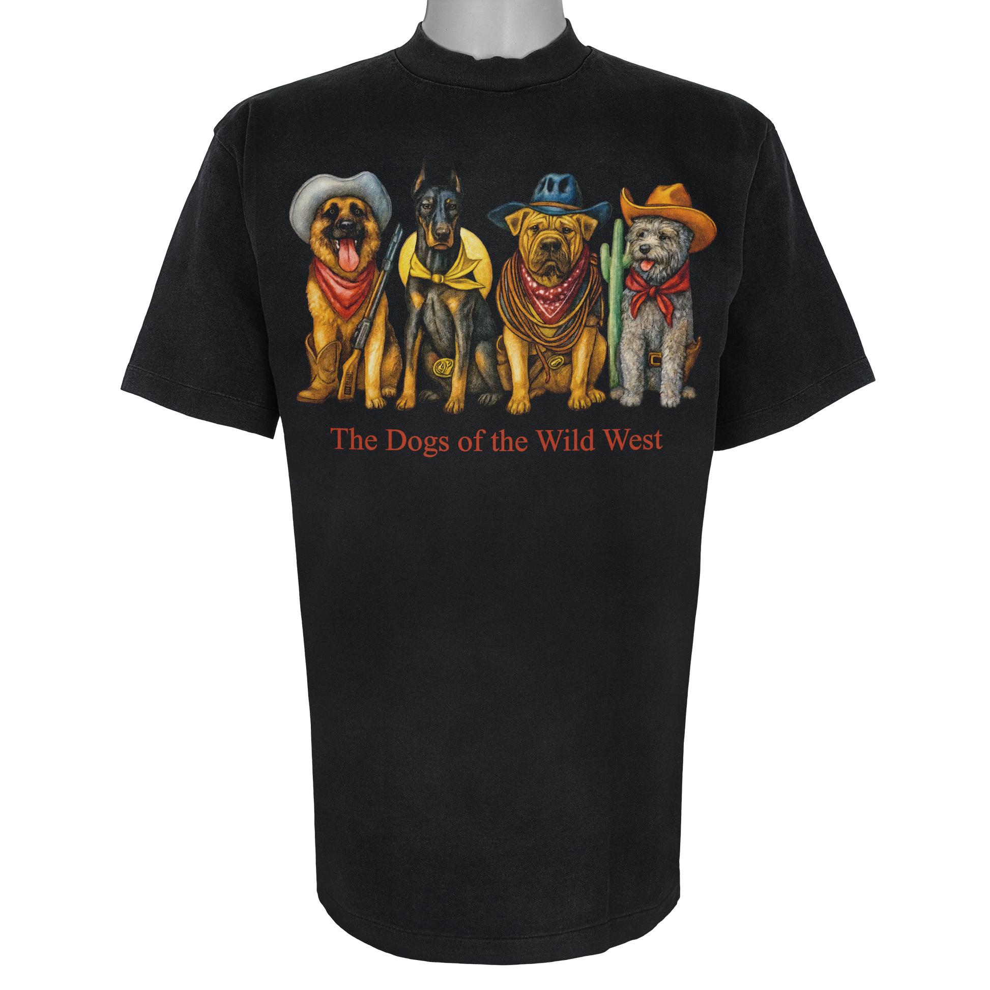 The Dogs of the Wild West parody t-shirt inspired by American frontier culture, featuring original dog artwork on a Vintage Black tee.