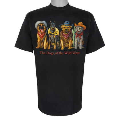 The Dogs of the Wild West parody t-shirt inspired by American frontier culture, featuring original dog artwork on a Vintage Black tee.
