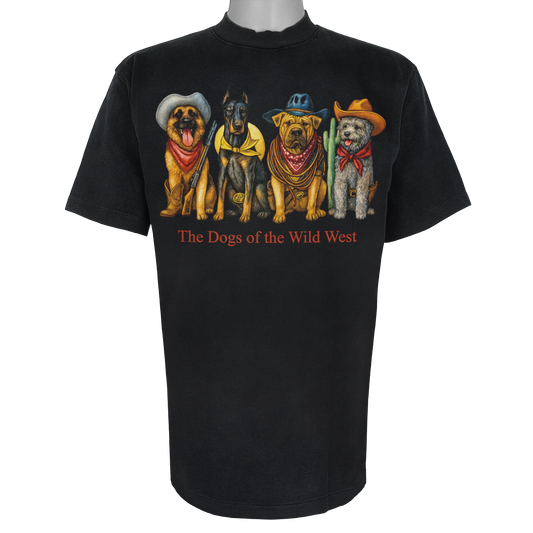 The Dogs of the Wild West parody t-shirt inspired by American frontier culture, featuring original dog artwork on a Vintage Black tee.