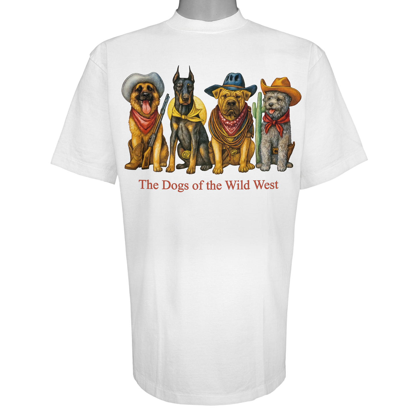 The Dogs of the Wild West parody t-shirt inspired by American frontier culture, featuring original dog artwork on a Vintage White tee.