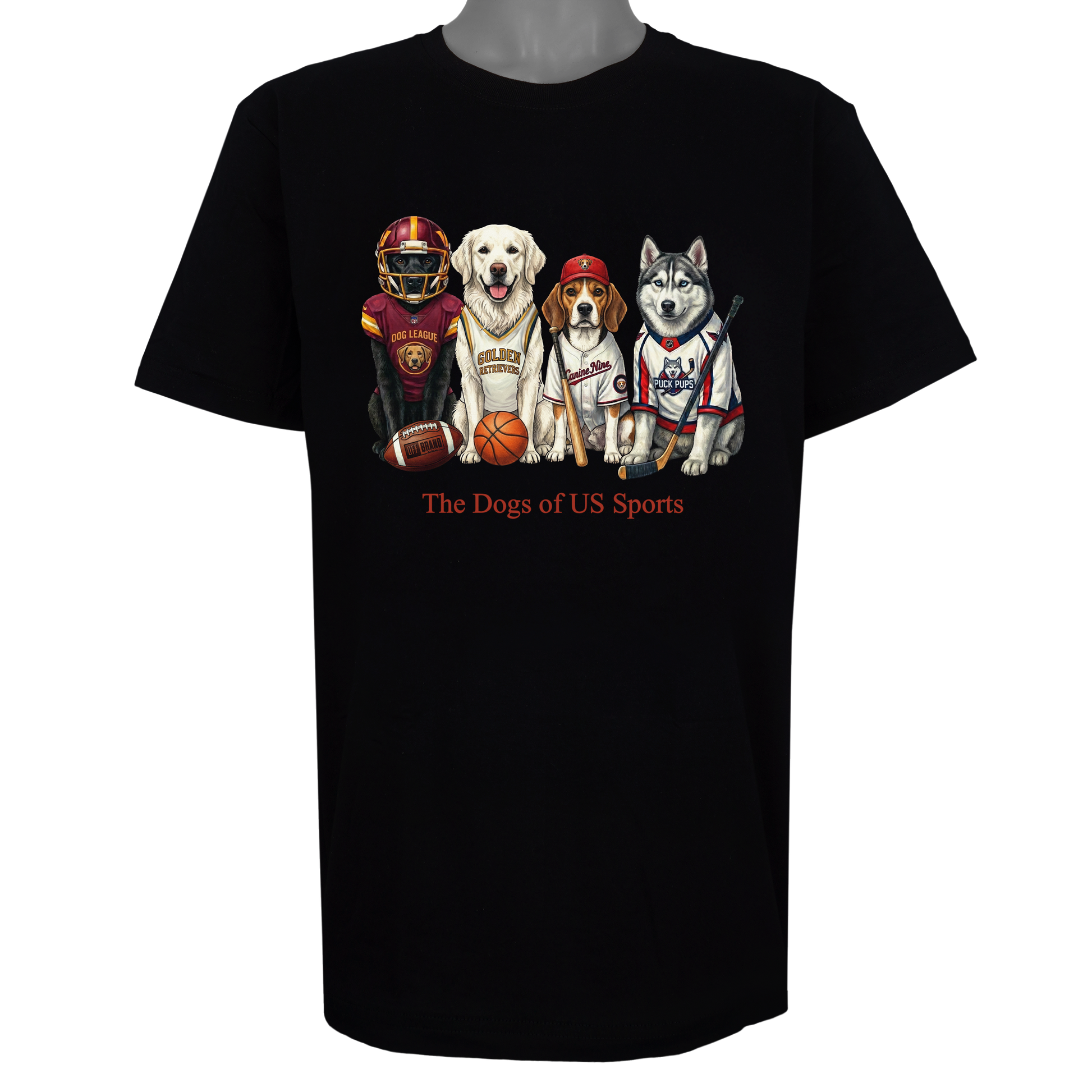 The Dogs of US Sports parody t-shirt inspired by professional athletic culture, featuring original dog artwork on a Basic Black tee.