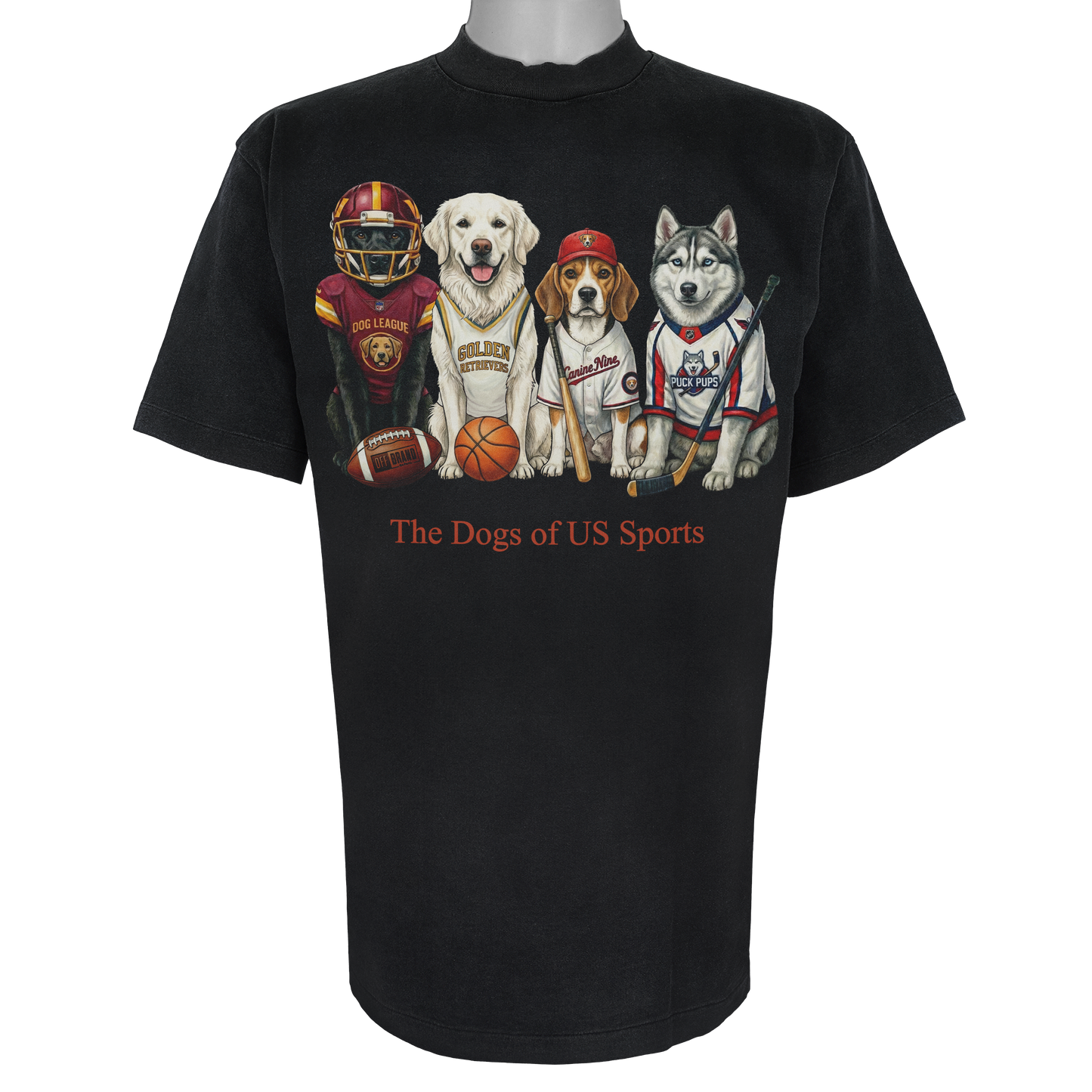 The Dogs of US Sports parody t-shirt inspired by professional athletic culture, featuring original dog artwork on a Vintage Black tee.