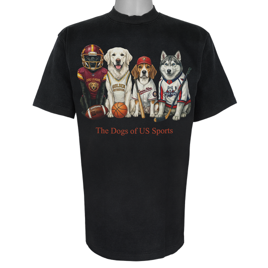 The Dogs of US Sports parody t-shirt inspired by professional athletic culture, featuring original dog artwork on a Vintage Black tee.