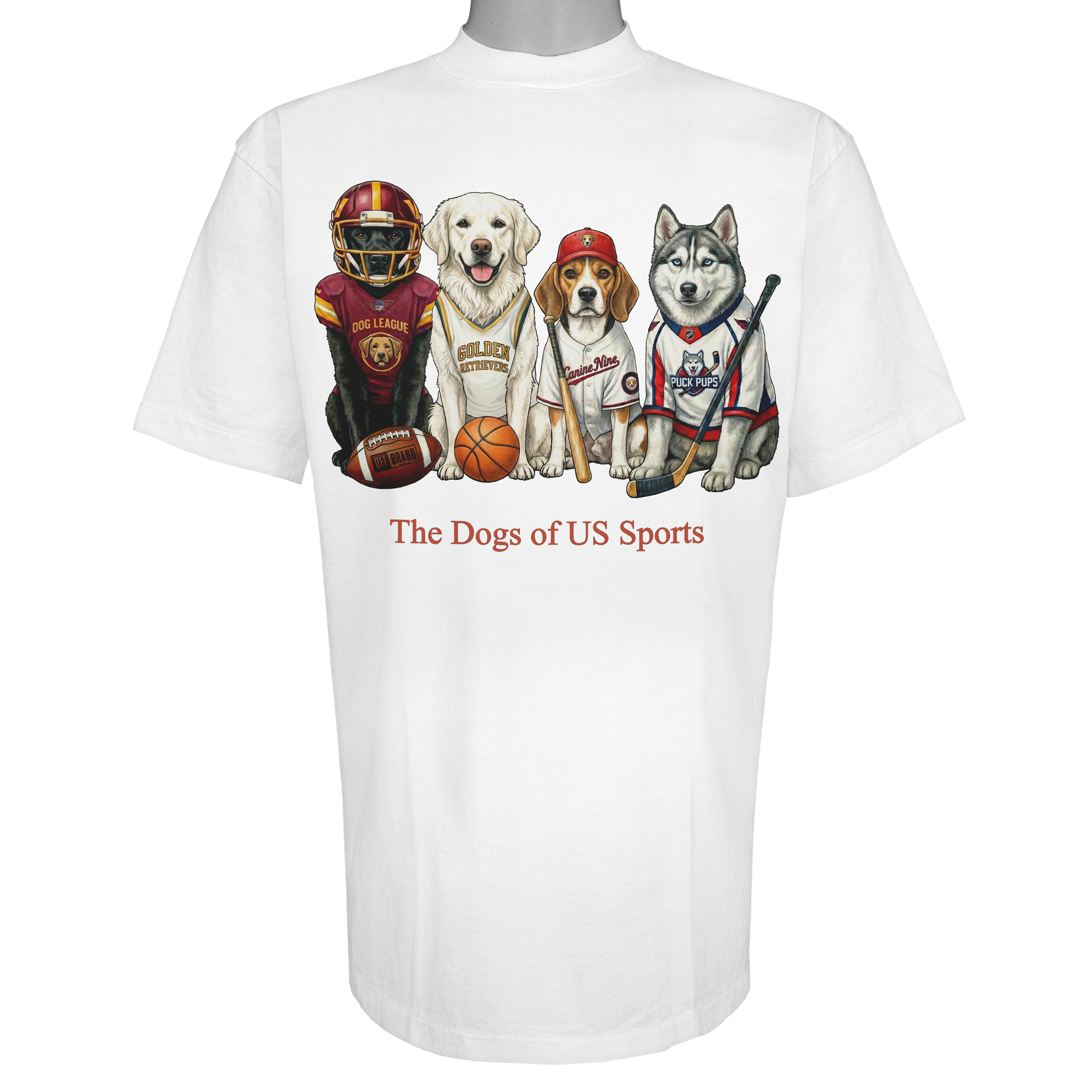 The Dogs of US Sports parody t-shirt inspired by professional athletic culture, featuring original dog artwork on a Vintage White tee.