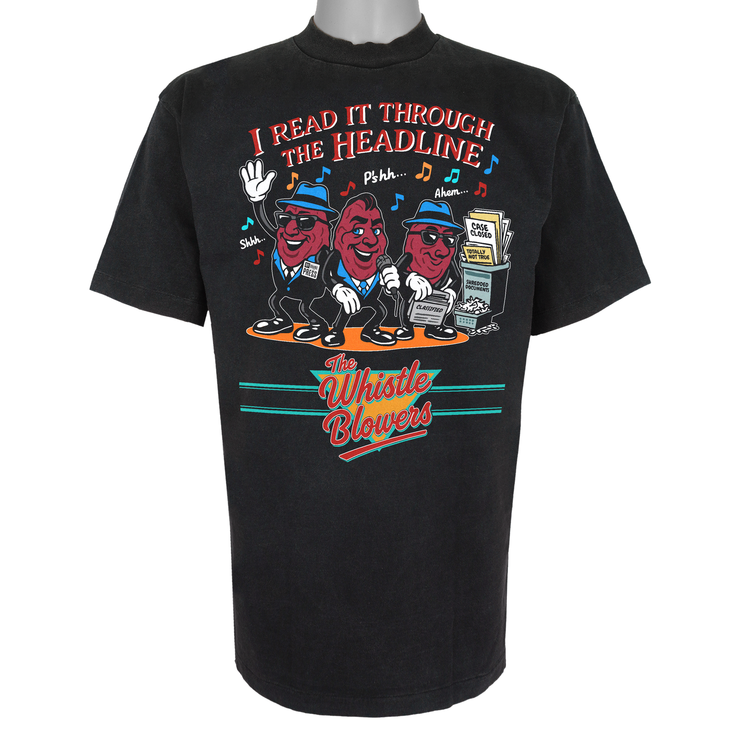 The Whistle Blowers t-shirt featuring three red cartoon characters in blue hats and sunglasses standing in front of a newsstand on a Vintage Black tee.