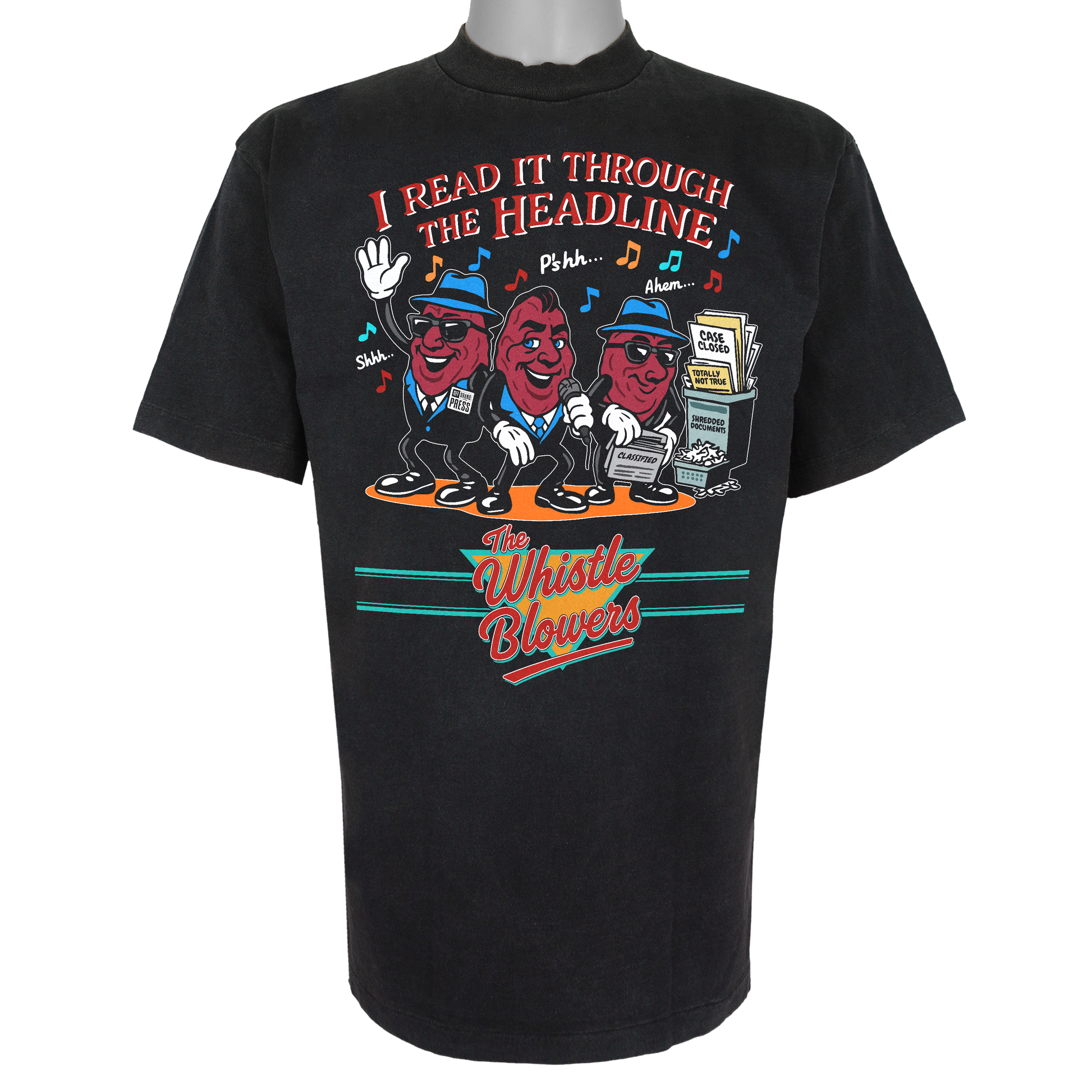 The Whistle Blowers t-shirt featuring three red cartoon characters in blue hats and sunglasses standing in front of a newsstand on a Vintage Black tee.