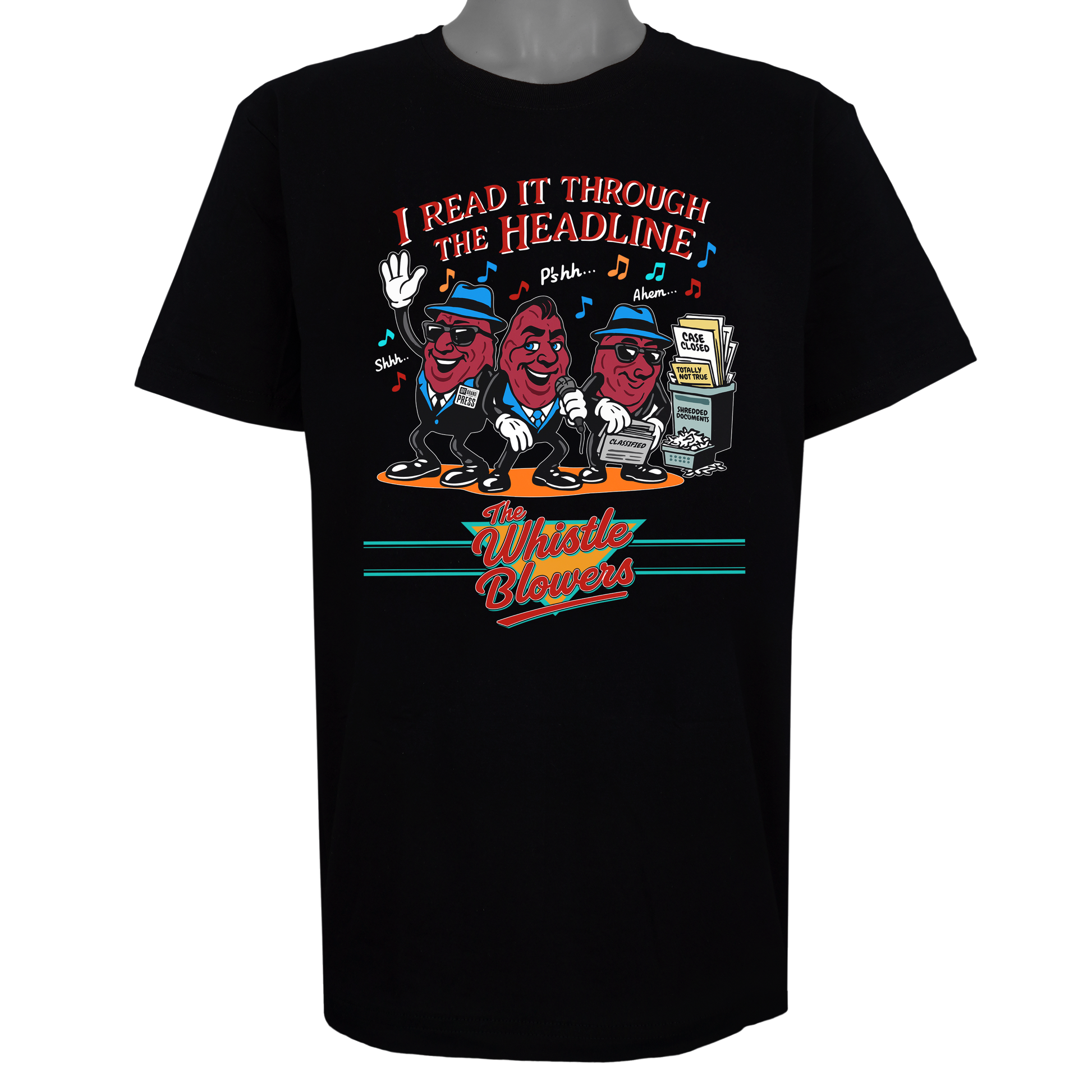The Whistle Blowers t-shirt featuring three red cartoon characters in blue hats and sunglasses standing in front of a newsstand on a Basic Black tee.