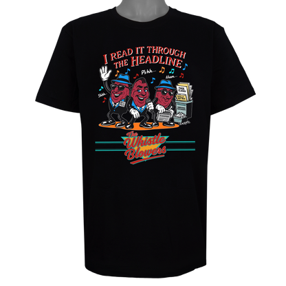 The Whistle Blowers t-shirt featuring three red cartoon characters in blue hats and sunglasses standing in front of a newsstand on a Basic Black tee.