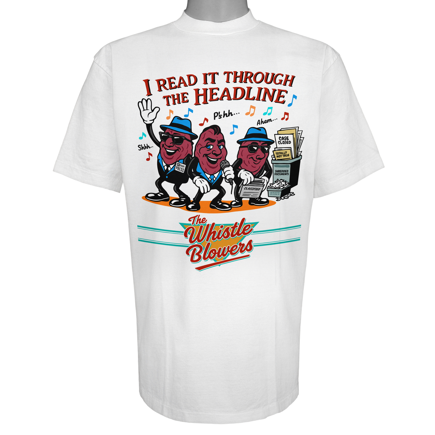 The Whistle Blowers t-shirt featuring three red cartoon characters in blue hats and sunglasses standing in front of a newsstand on a Vintage White tee.