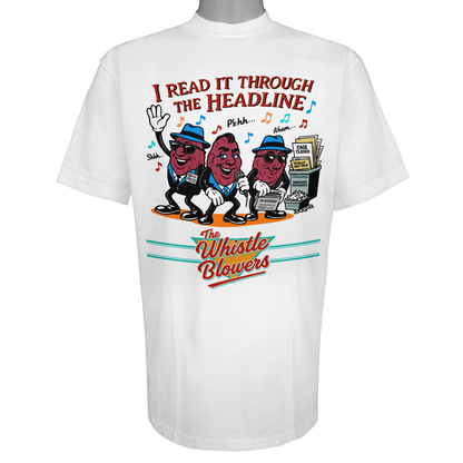 The Whistle Blowers t-shirt featuring three red cartoon characters in blue hats and sunglasses standing in front of a newsstand on a Vintage White tee.