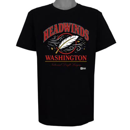 Washington Headwinds parody t-shirt inspired by Washington D.C. football culture, featuring original feather and wind artwork on a Basic Black tee.