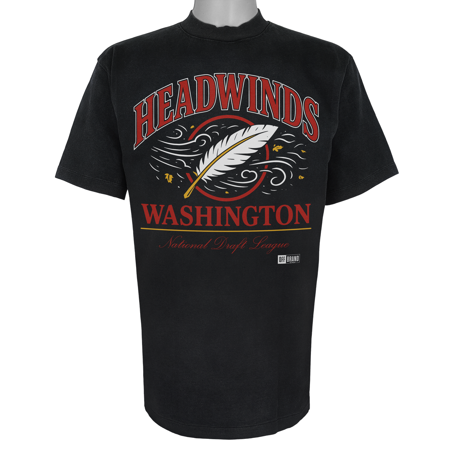 Washington Headwinds parody t-shirt inspired by Washington D.C. football culture, featuring original feather and wind artwork on a Vintage Black tee.