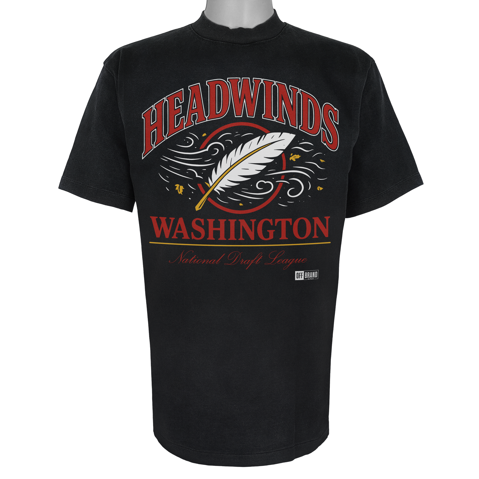 Washington Headwinds parody t-shirt inspired by Washington D.C. football culture, featuring original feather and wind artwork on a Vintage Black tee.