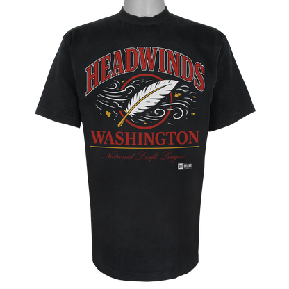 Washington Headwinds parody t-shirt inspired by Washington D.C. football culture, featuring original feather and wind artwork on a Vintage Black tee.