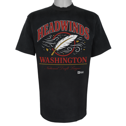 Washington Headwinds parody t-shirt inspired by Washington D.C. football culture, featuring original feather and wind artwork on a Vintage Black tee.