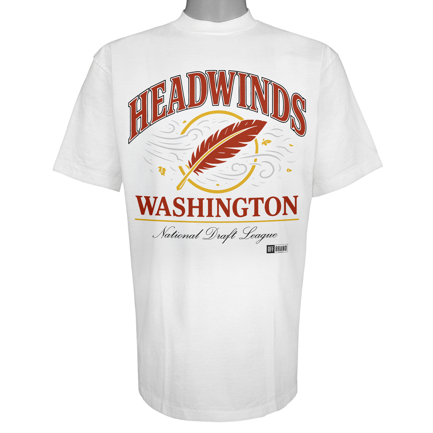 Washington Headwinds parody t-shirt inspired by Washington D.C. football culture, featuring original feather and wind artwork on a Vintage White tee.