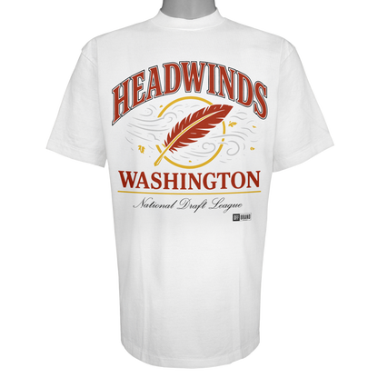 Washington Headwinds parody t-shirt inspired by Washington D.C. football culture, featuring original feather and wind artwork on a Vintage White tee.